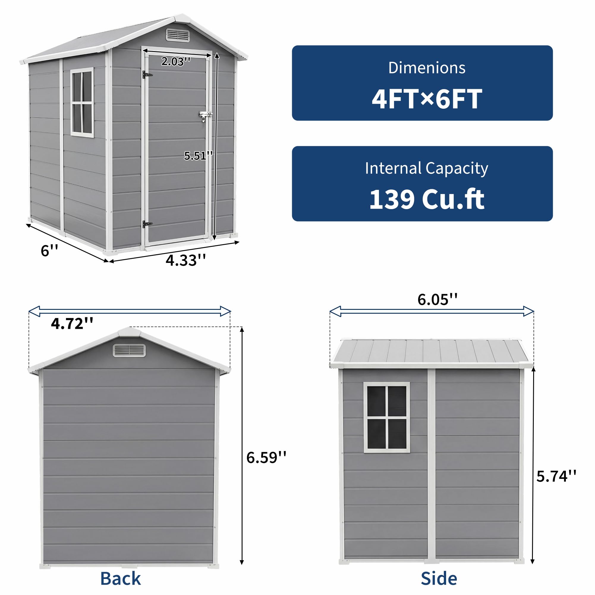 Garvee 4x6 ft outdoor resin storage shed with spacious storage capacity for tools and equipment