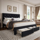 Garvee King Size Bed Frame with 2 Storage Drawers, Vintage Velvet Headboard, Upholstered Platform, Wooden Slat Support, Noise Free, Black - Black