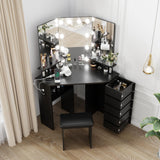Garvee Corner Makeup Vanity Desk with Lights & Power Outlet - Spacious Tri-Folding Mirror, Adjustable Brightness, 5 Rotating Drawers, Ample Storage, Stool Included - Black