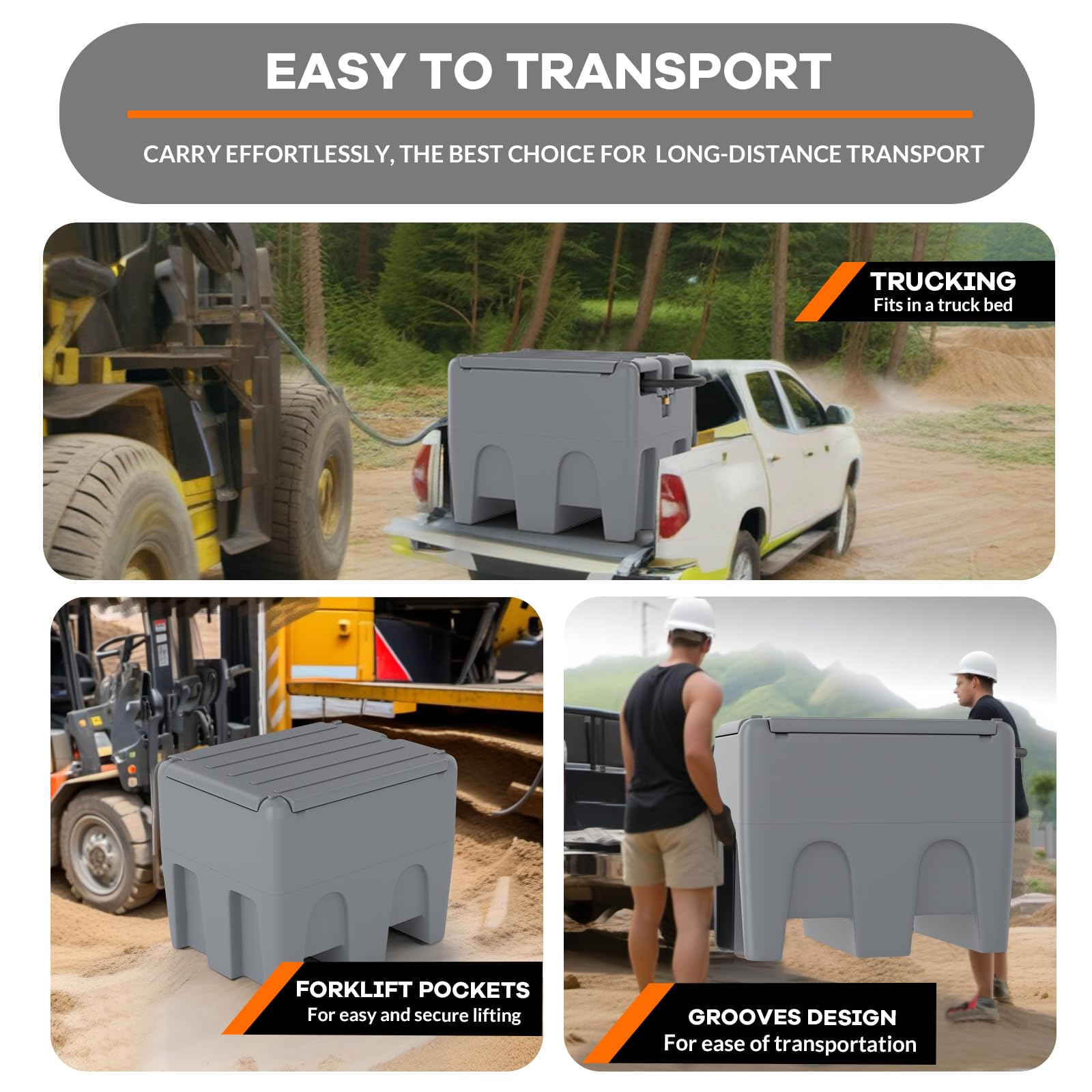 Gray portable fuel tank shown in truck bed, forklift lifting, and manual handling transport scenarios