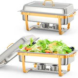 Garvee Stainless Steel Chafing Dish Buffet Set 8QT (2-Pack) – Foldable Commercial Food Warmer with Lids & Fuel Cans for Weddings, Catering, Parties – Gold - 