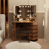 Garvee Makeup Vanity Desk with Lights & Power Outlet, Corner Vanity Table with 5 Rotating Drawers,3 Color Lighting, Brightness Adjustable, Shelves and Stool, Dressing Table for Women Girls - Rustic Brown