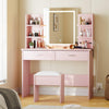 Garvee Vanity Desk with Lighted Mirror, Makeup Vanity Set with Power Outlet, Cushioned Stool, Vanity Table with 6 Storage Shelves, 2 Large Drawers and 3 Color Light Adjustable Brightness (Pink)