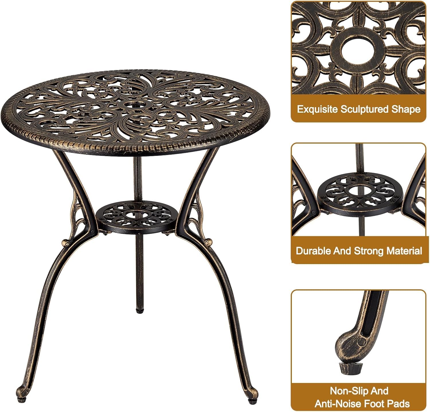 Round bronze cast aluminum bistro table showing sculpted openwork tabletop, lower support ring, and foot pads