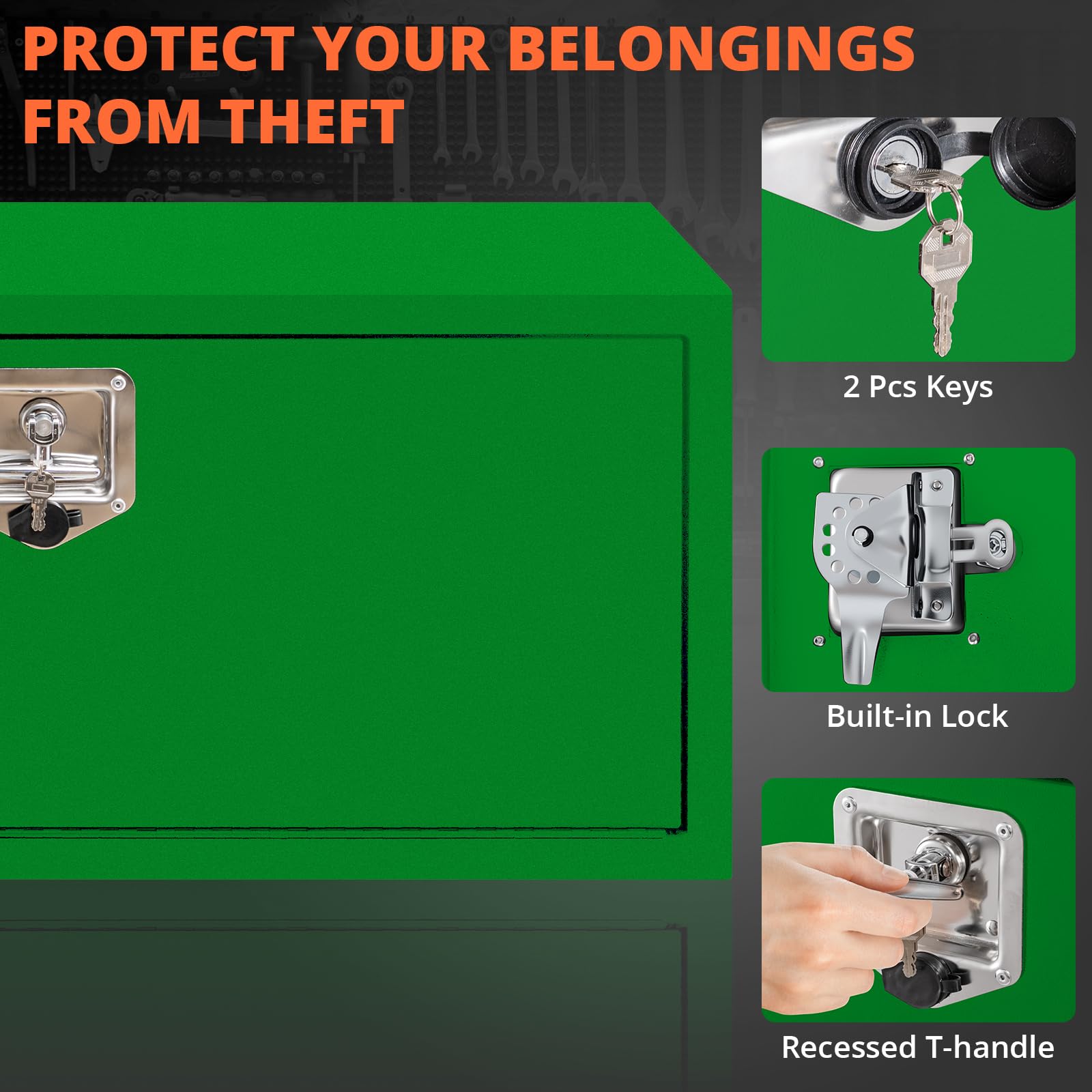 green underbody truck tool box lock handle hinge and cable hardware details