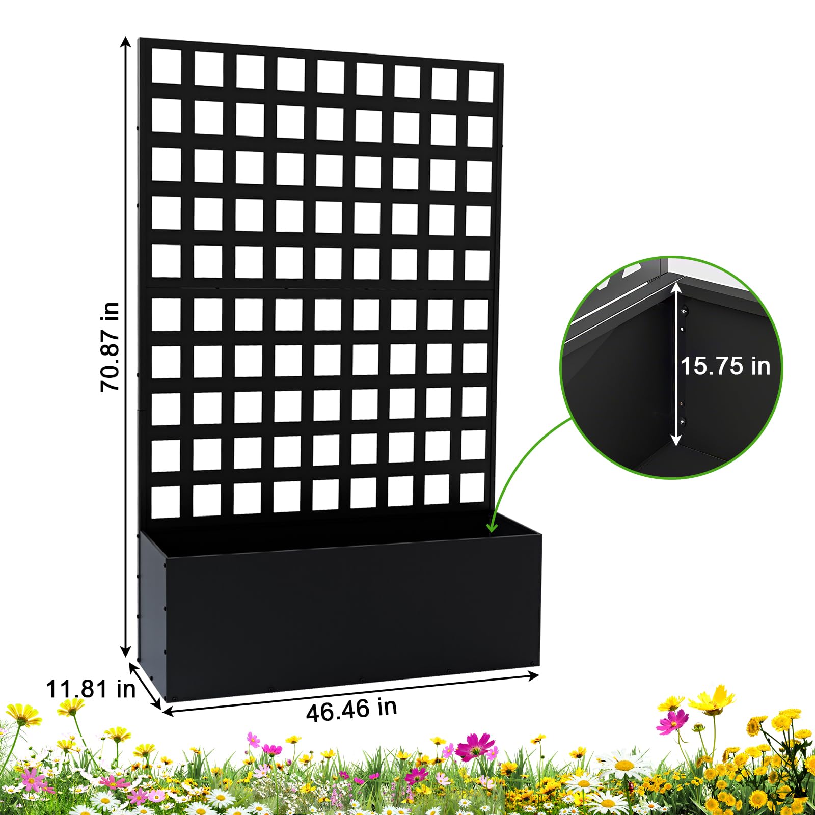 black grid trellis raised planter with labeled 70.87 inch height and 46.46 inch width