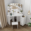 Garvee Corner Makeup Vanity Desk with Lights & Power Outlet - Tri-Folding Mirror, 5 Rotating Drawers, Adjustable Brightness, Ample Storage, Stool Included, Suitable for Bedroom