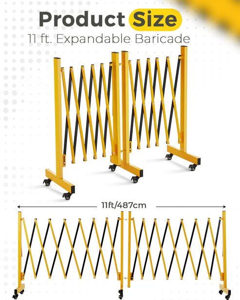 Garvee Metal Expandable Barricade, 11 Ft Folding Security Gate, Rotatable & Portable Expandable Barricade Gate Outdoor, Industrial Expandable Barricade Gate with Casters, Yellow&Black