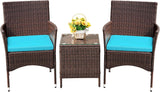 Garvee 3 Piece Patio Bistro Set Outdoor PE Rattan Wicker Furniture with 2 Chairs and Glass Top Table for Balcony Yard Garden Small Space, Black - Brown+Peacock Blue