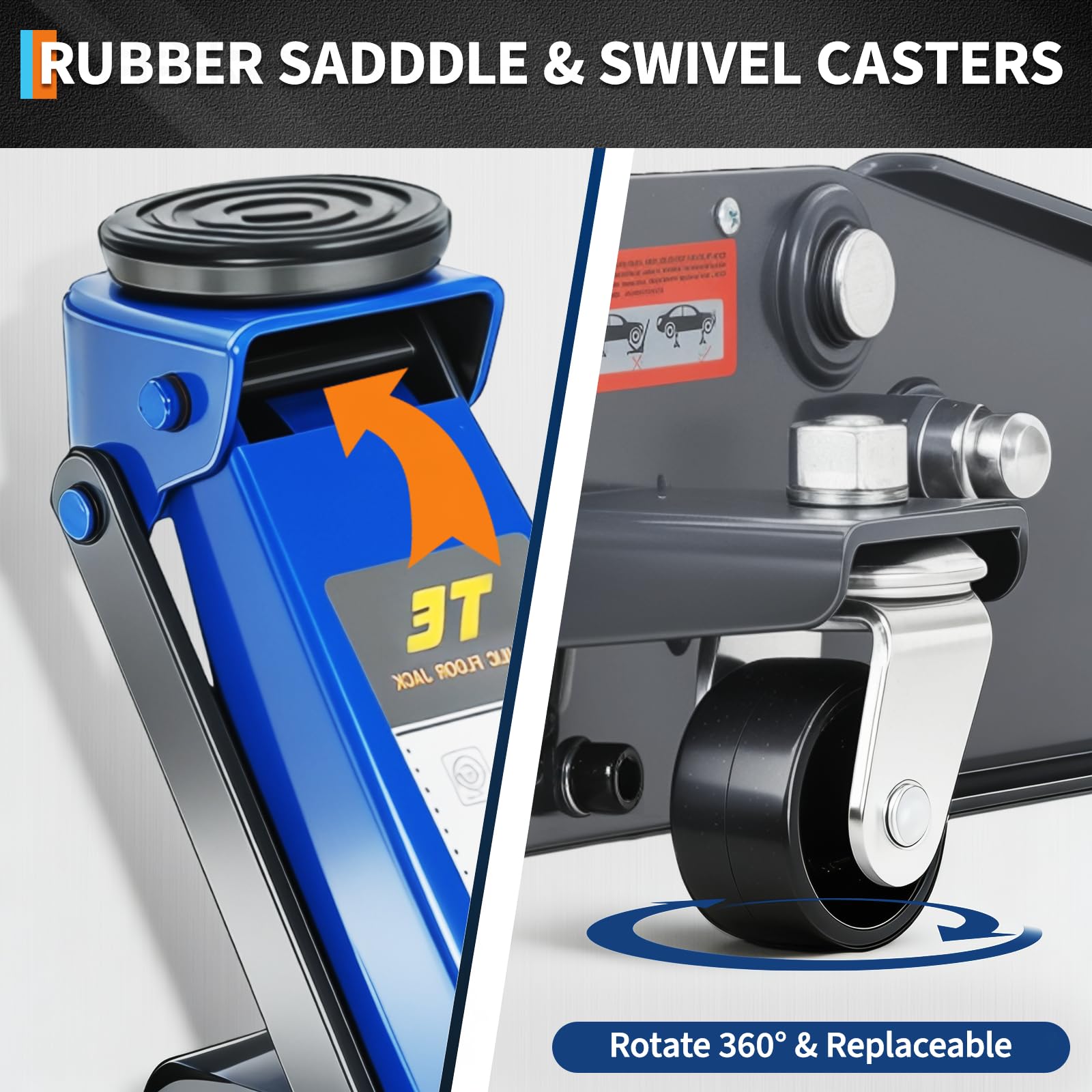 Blue floor jack rubber saddle and 360 degree swivel caster details