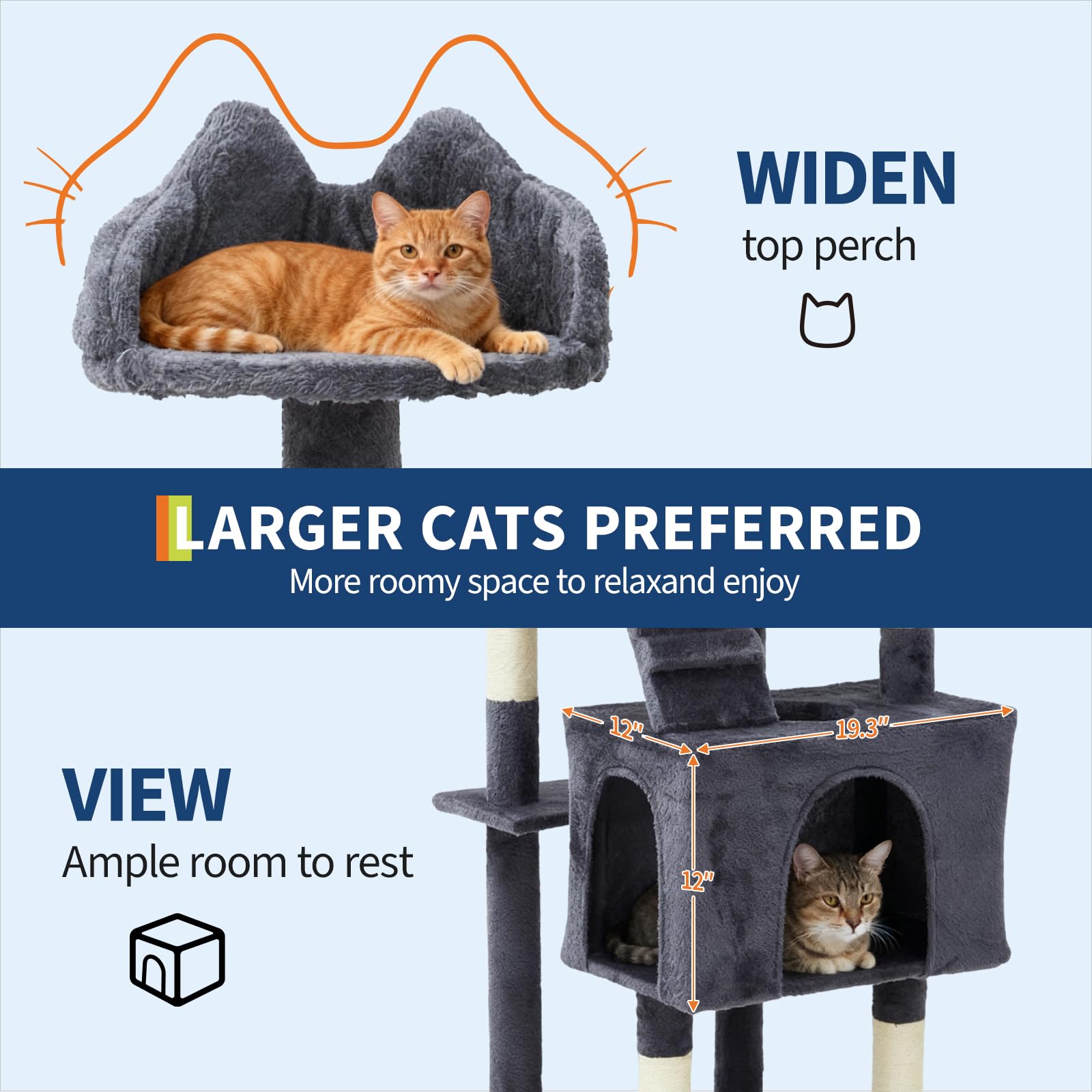 Large cat relaxing on the widened top perch above a spacious dark grey condo