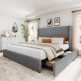 Garvee King Size Bed Frame with Storage Drawers, Corduroy Upholstered Platform Bed, Grey, Wingback Tufted Headboard, No Box Spring Needed - Grey