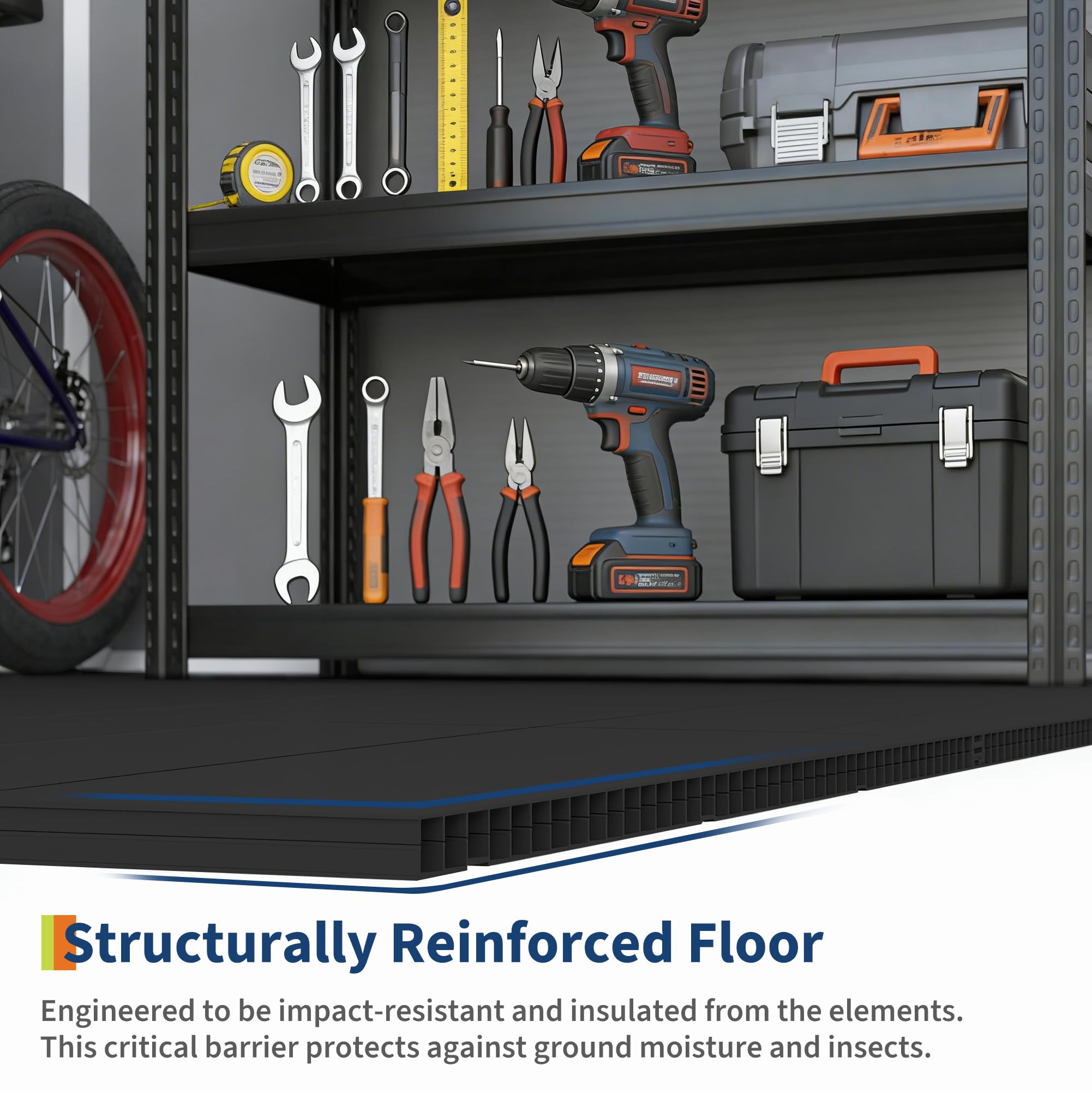 Garvee outdoor storage shed reinforced floor supporting tools and equipment