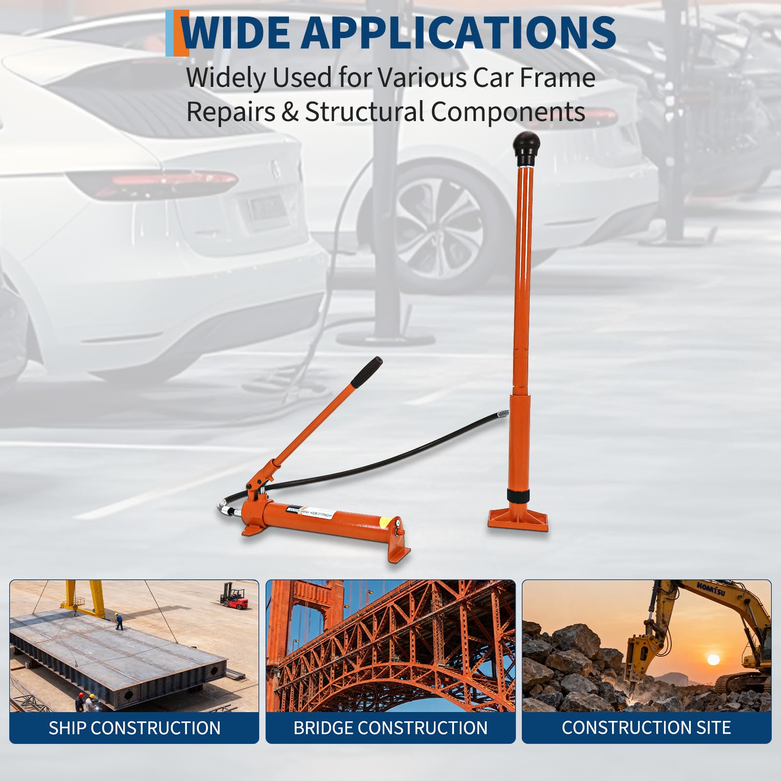 Orange hydraulic ram configured for automotive and structural repair work