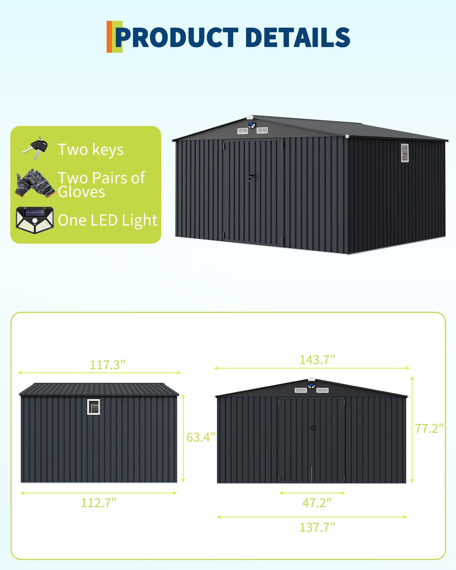 Product details and dimensions for Garvee 10x12 ft dark gray storage shed
