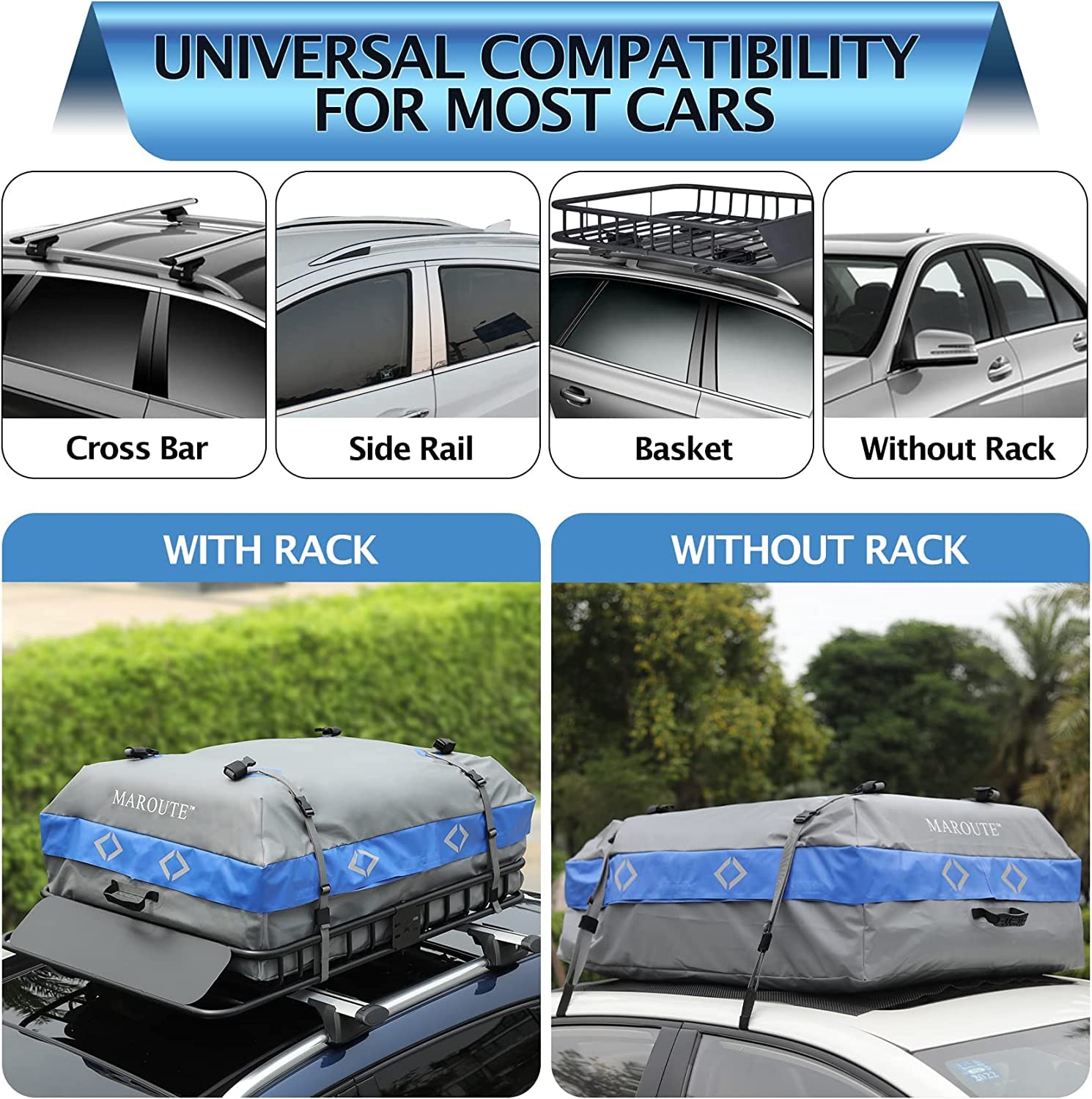 Blue and gray rooftop cargo carrier bag fitted to vehicles with different roof configurations