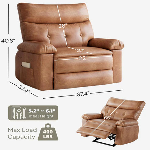 Garvee Recliner Chair for Adults, PU Leather Manual Recliner with Side Pocket, Lazy Chair with 1.5X Sponge Comfort Arm and Back for Living Room, Bedroom, Brown