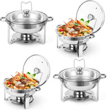Garvee Chafing Dish Buffet Set 4 Pack 5QT Stainless Steel Round Chafing Dishes with Lid Holder & Glass Lid for Parties Wedding Camping Dinner Silver - Silver-4Pack
