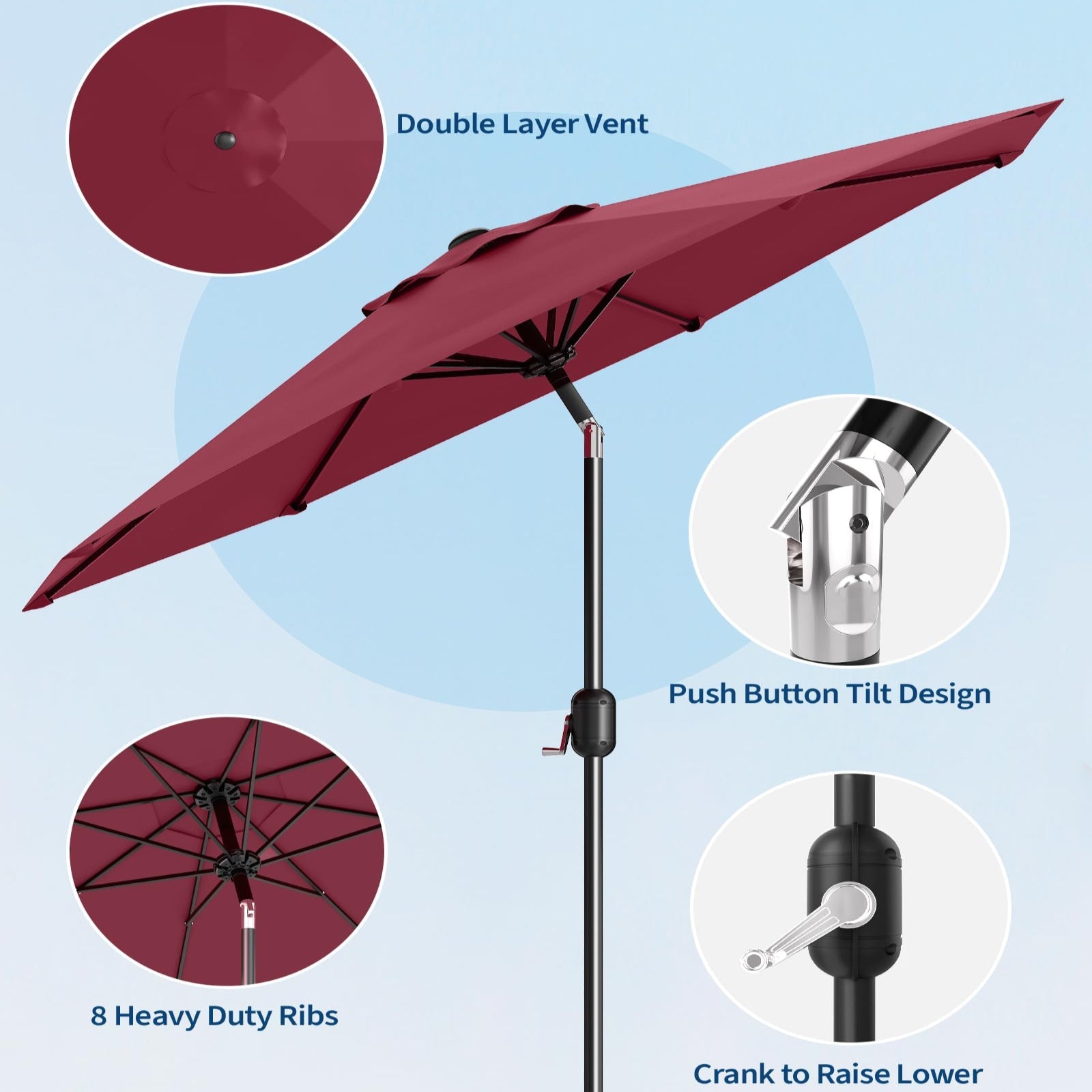 dark red patio umbrella crank handle and push button tilt detail