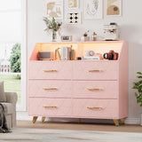 Garvee 47" Modern 6-Drawer Chest with LED Lighting, Charging Station, Storage Shelf for Bedroom and Living Room, Wooden, Metal Legs - Pink