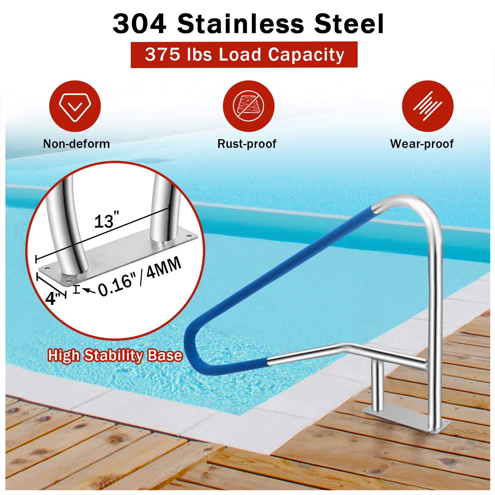 304 stainless steel pool handrail showing 375 lb load capacity and stable base