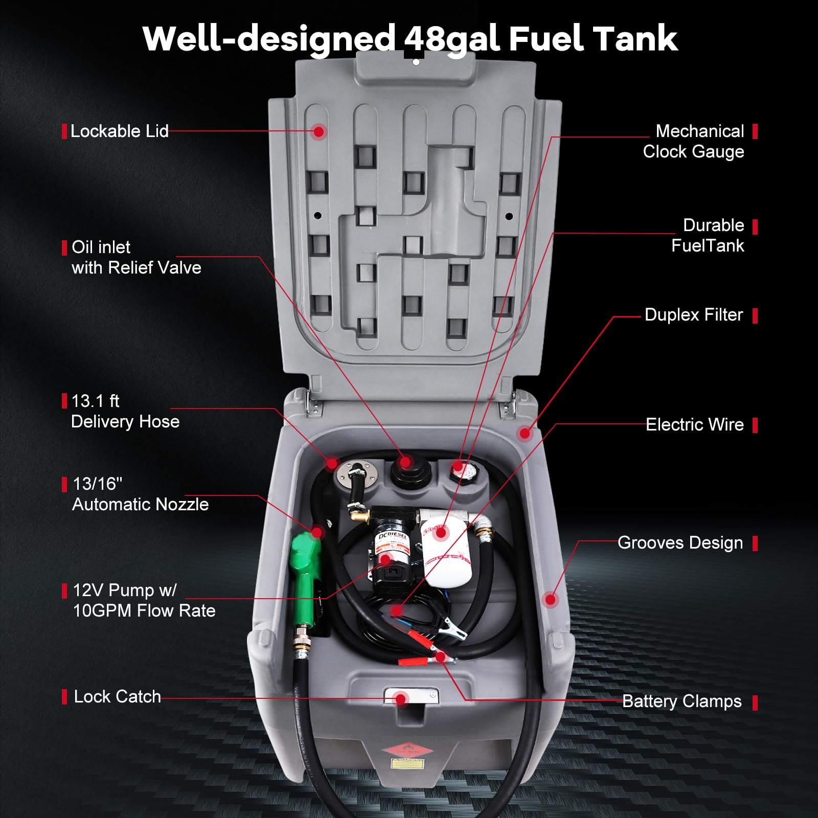 Gray 48 gallon diesel fuel tank with open lid showing 12V pump, hose, automatic nozzle, gauge, and filter