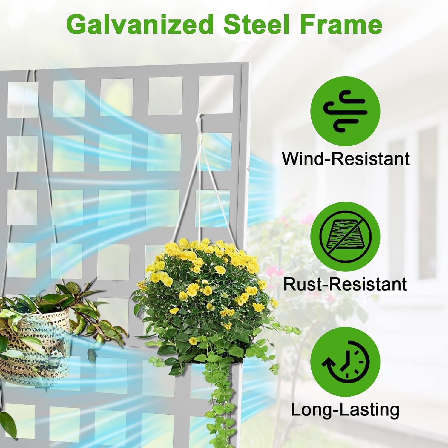 white grid trellis planter highlighting galvanized steel wind and rust resistance