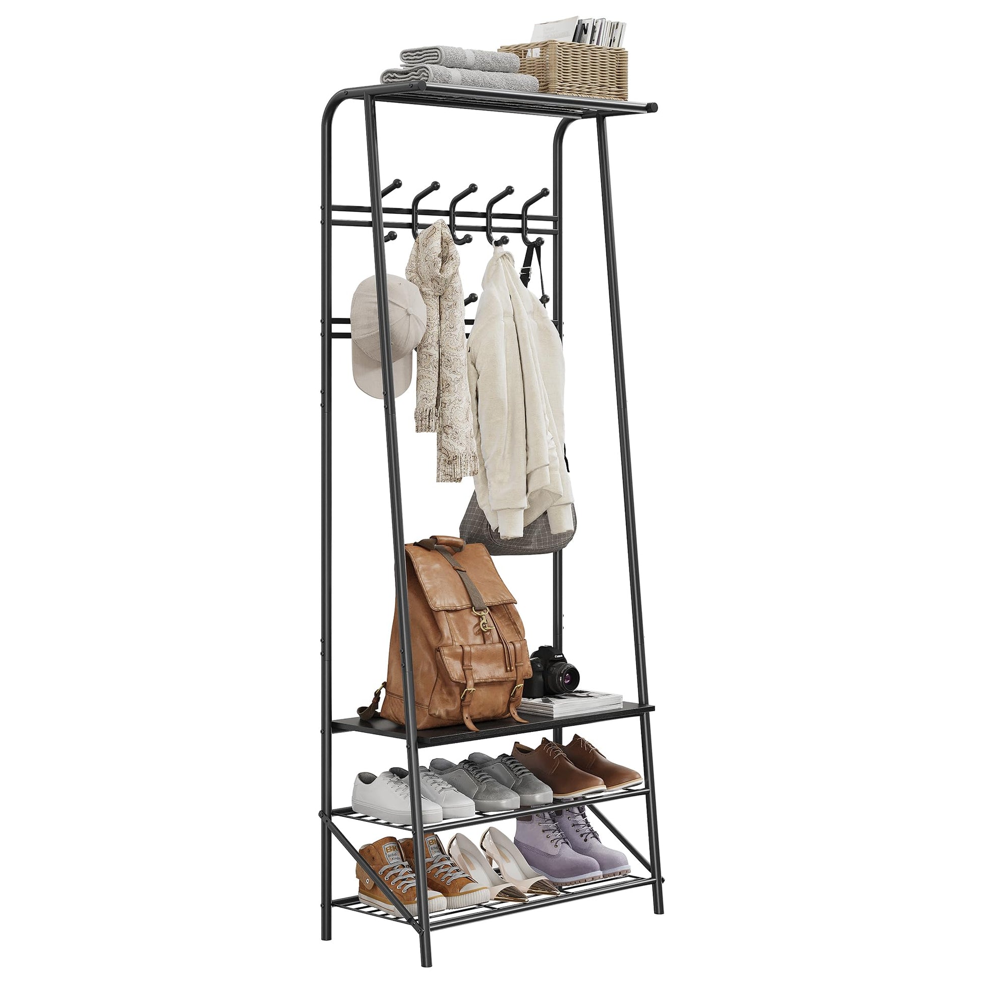 Shoe bench and tiered shoe storage shelves