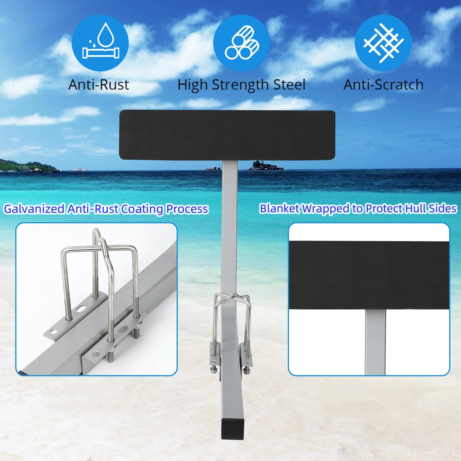 Carpet padded board and steel support on boat trailer guide