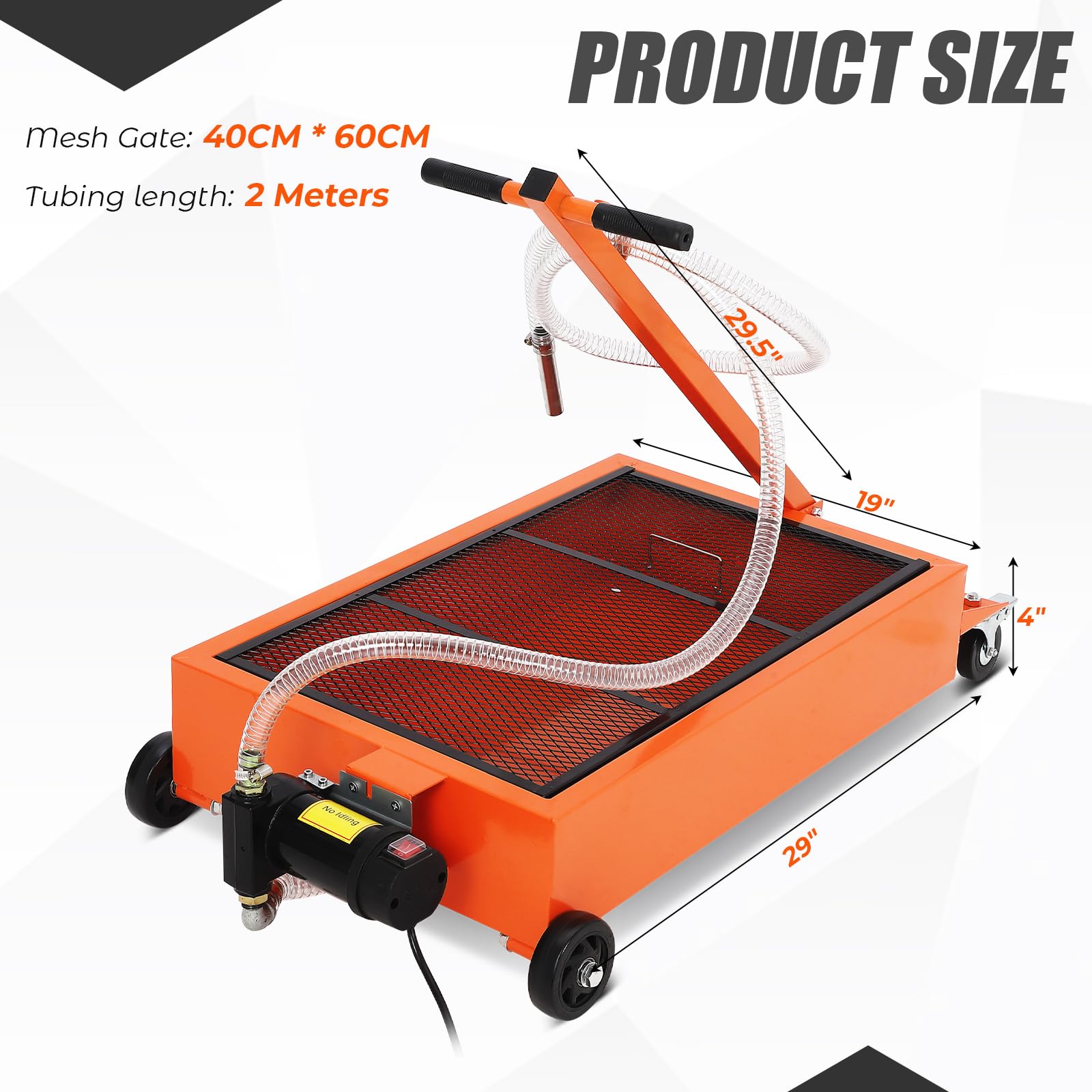 Low profile oil drain pan with size illustration