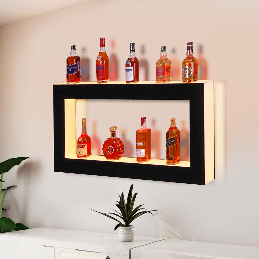 Présentoir à bouteilles d'alcool Garvee, carré 2 niveaux 48 po éclairé par LED, multicolore, télécommande et contrôle par application pour bar