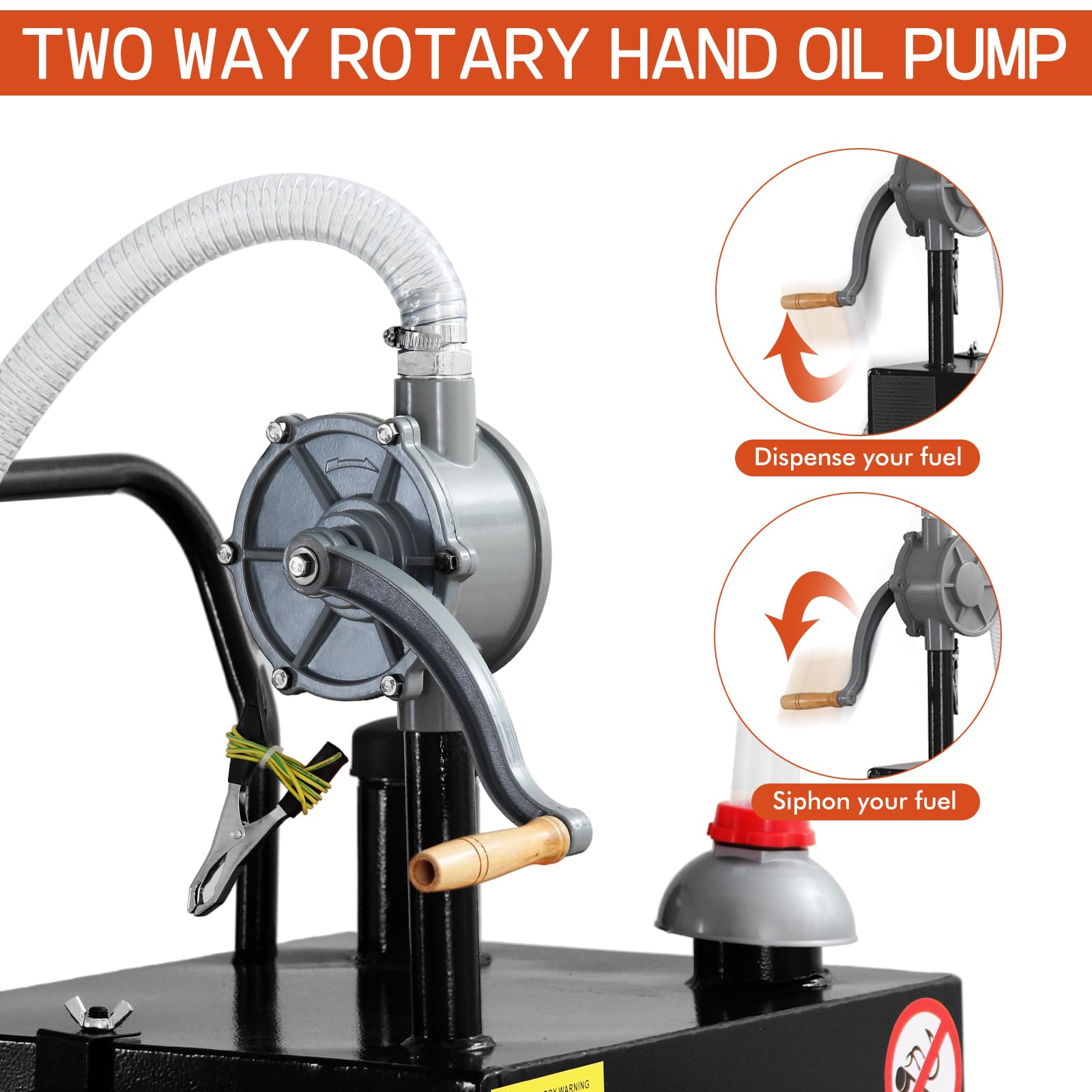 Black portable gas caddy two way rotary hand pump for dispensing and siphoning fuel