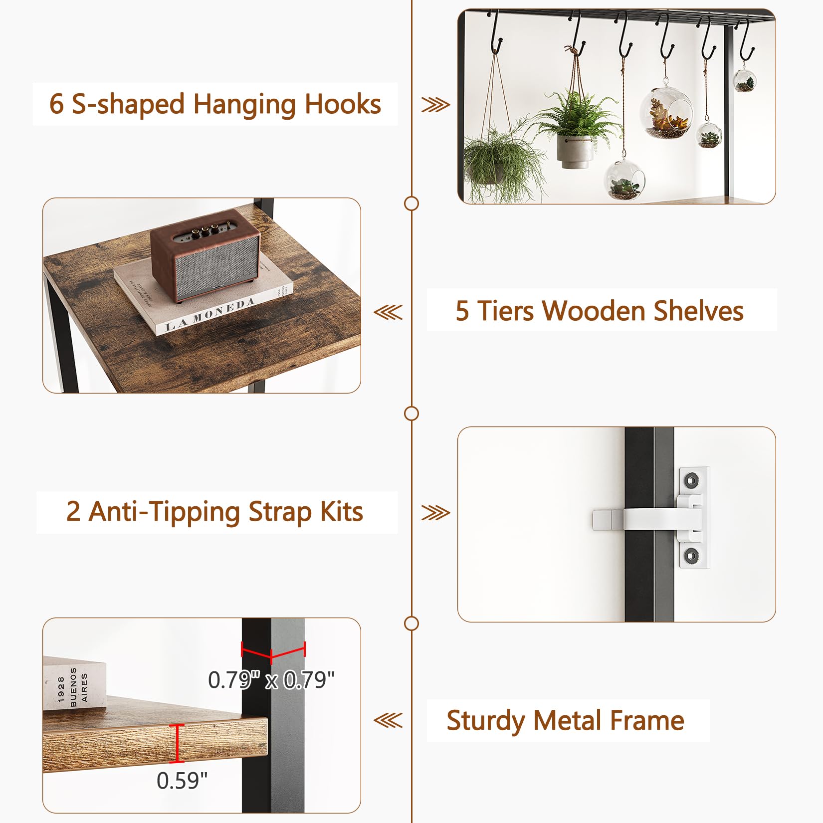 Brown wood grain and black metal plant stand details showing 6 hooks, 5 shelves, anti tipping straps, and a sturdy metal frame