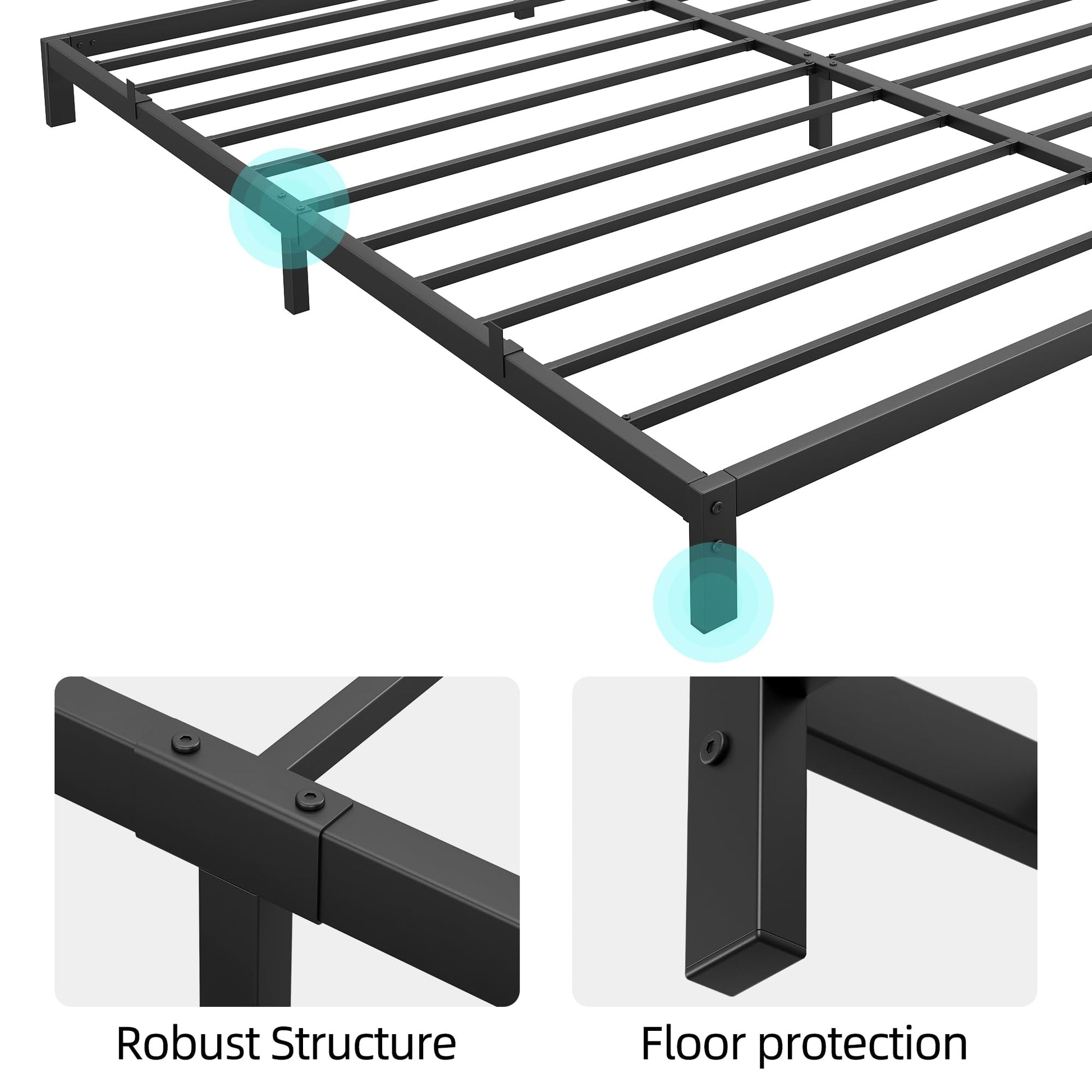 Full platform bed frame metal slats with floor protection pads