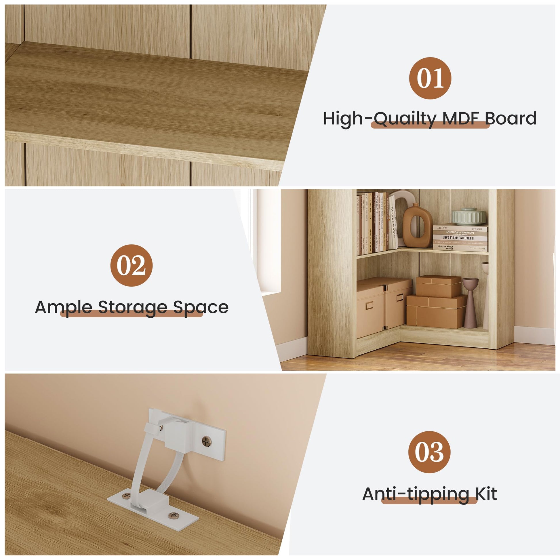 MDF board detail, storage space, and anti-tipping kit