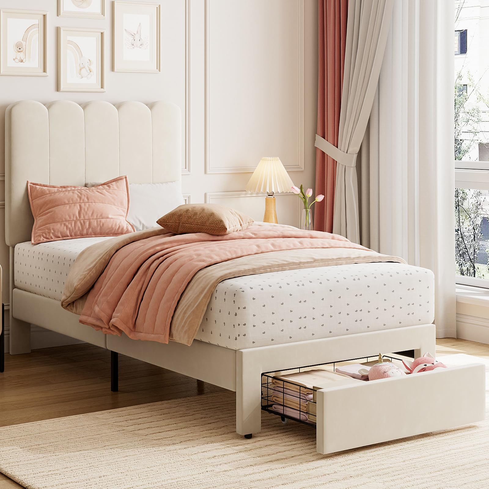 Low-profile twin platform bed in a bright kids bedroom