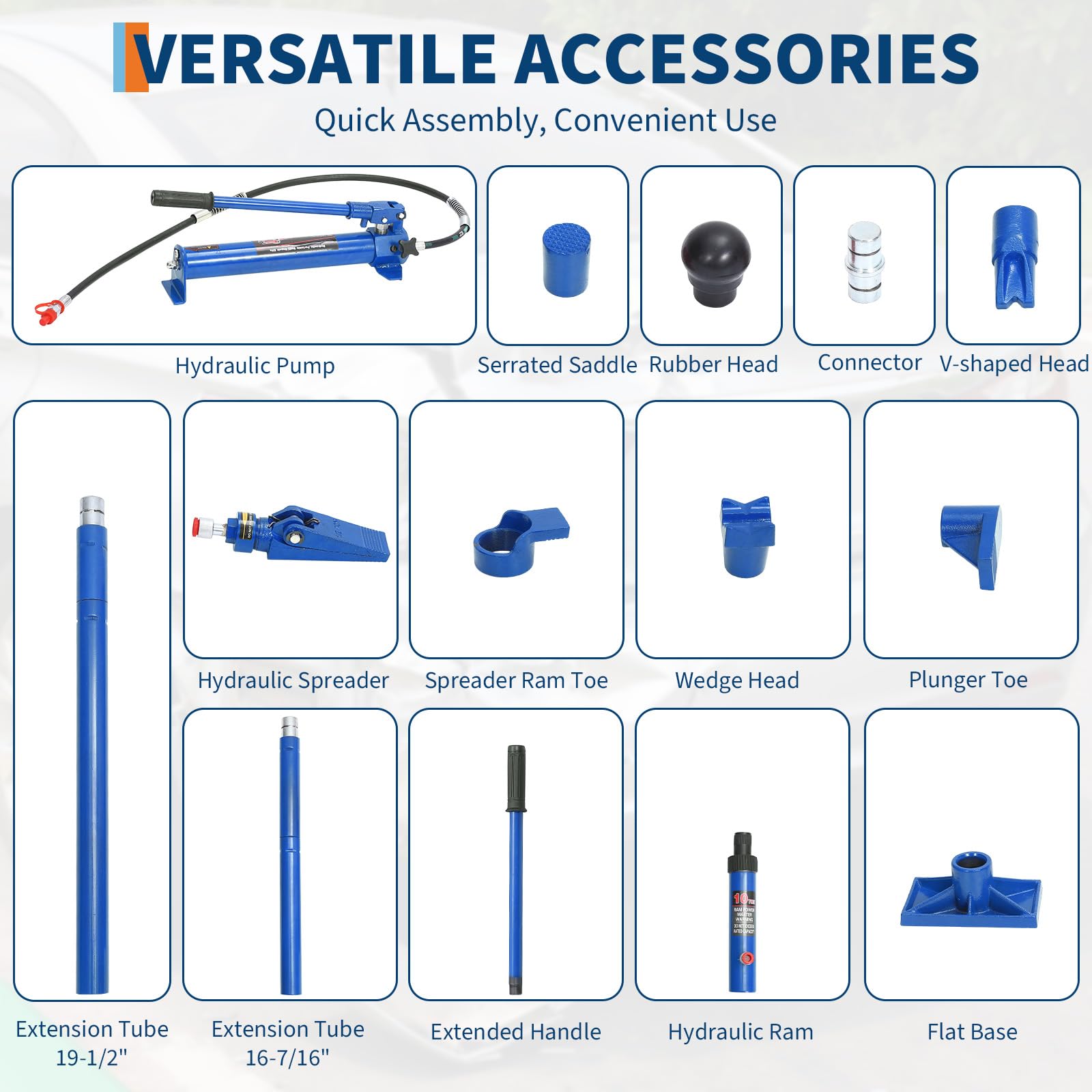 Hydraulic jack kit components including ram extension tubes heads bases and spreader