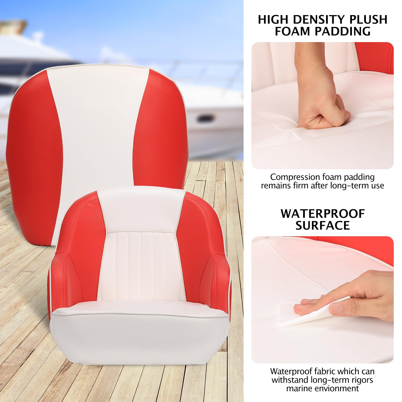 white and red captain boat seat high density foam and waterproof surface details