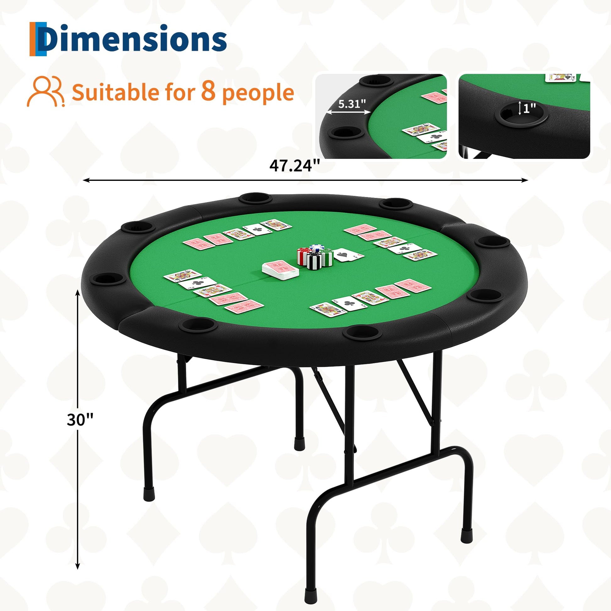 48 inch round poker table dimensions for 8 players