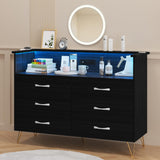 Garvee Black Dresser with LED Light, 6 Drawers, Wooden, Charging Station, Modern Design, Bedroom, Hallway, TV Stand - Black