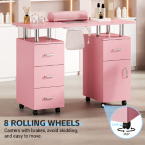 Garvee Salon Manicure Table for Nail Techs with Electric particles Collector – Portable Desk with 4 Drawers, Side Cabinet, Lockable Wheels & Wrist Rest, Beauty Station, Pink US Standard