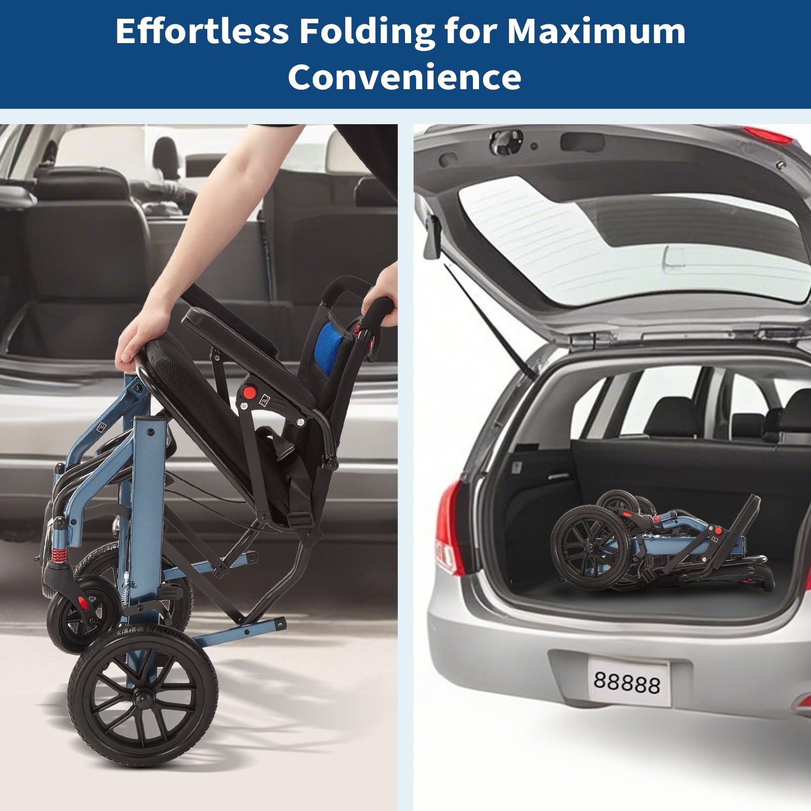 Le fauteuil roulant se plie de manière compacte pour le rangement dans le coffre de la voiture