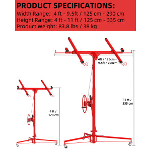 Garvee 11 ft Drywall Lift Heavy-Duty Panel Hoist With 360° Adjustable Arm Locking Wheels Black