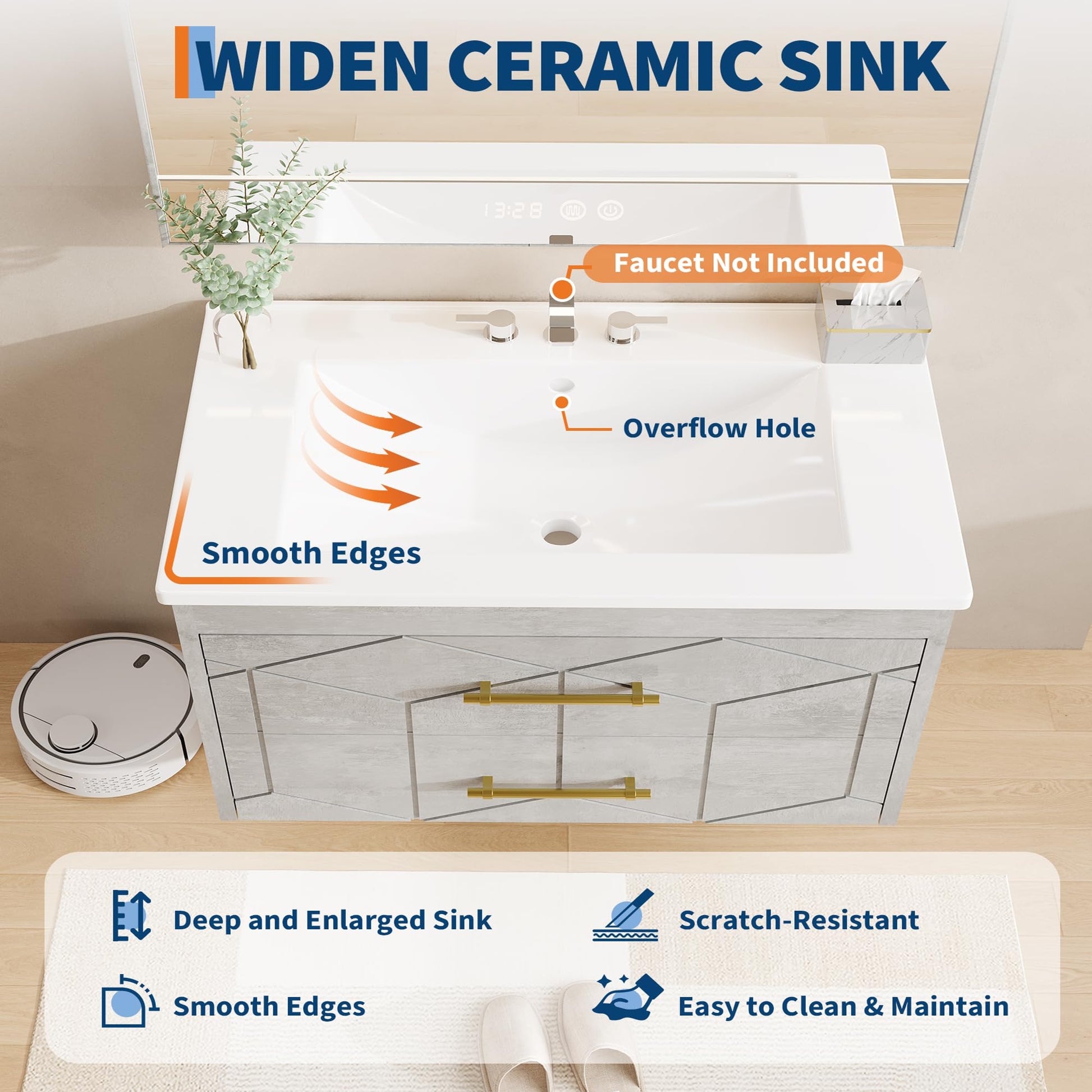 Integrated ceramic sink on bathroom vanity