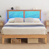Garvee Full Bed Frame with Natural Rattan Headboard, LED Lights & Wooden Support Legs, No Box Spring Needed, Easy Assembly, Modern Design - White Oak