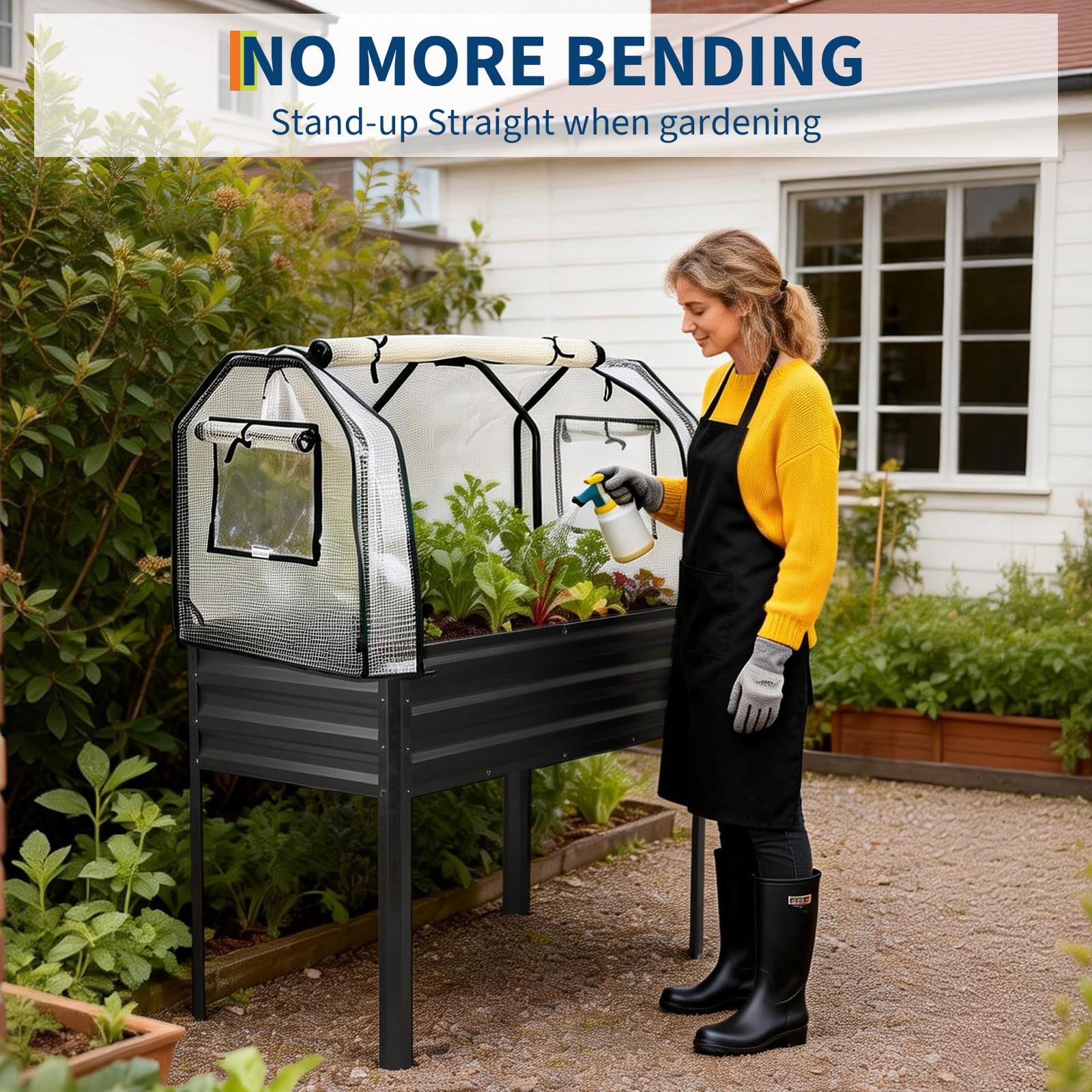 Black Garvee raised garden bed with PE cover used at standing height in a backyard