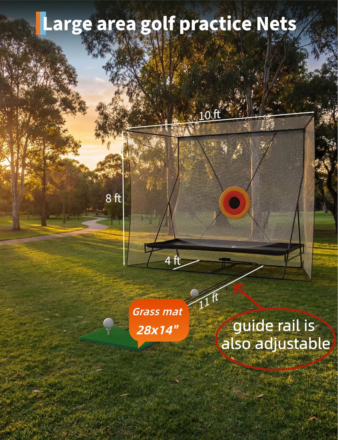 Grand filet de pratique de golf 10x8 pieds avec cible d'impact et rail de guidage