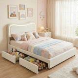 Garvee Boucle Queen Bed Frame with 2 Storage Drawers, Upholstered Platform Bed with LED Headboard for Kids and Teens, White - White