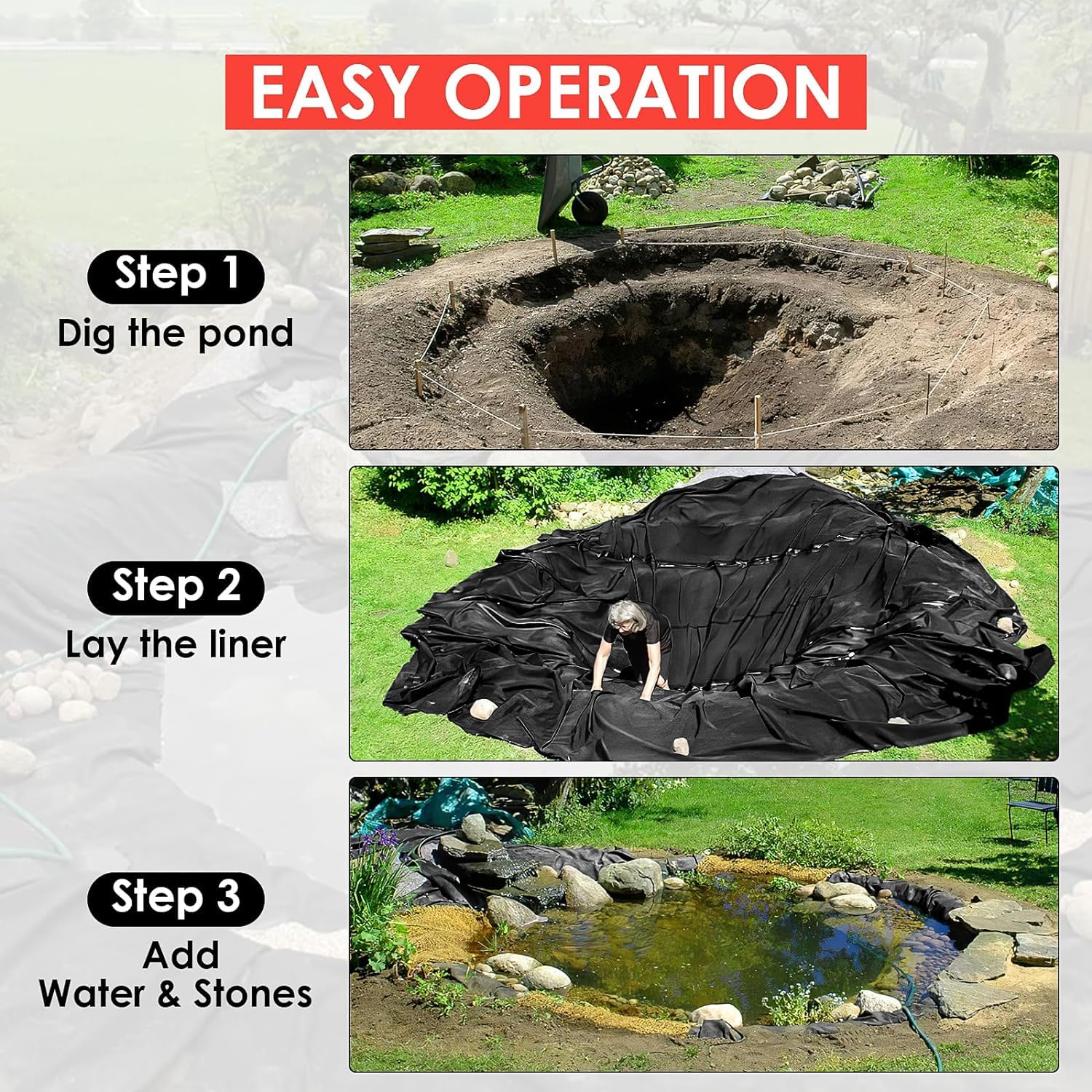 three step pond liner installation showing excavation, liner placement, and addition of water and stones