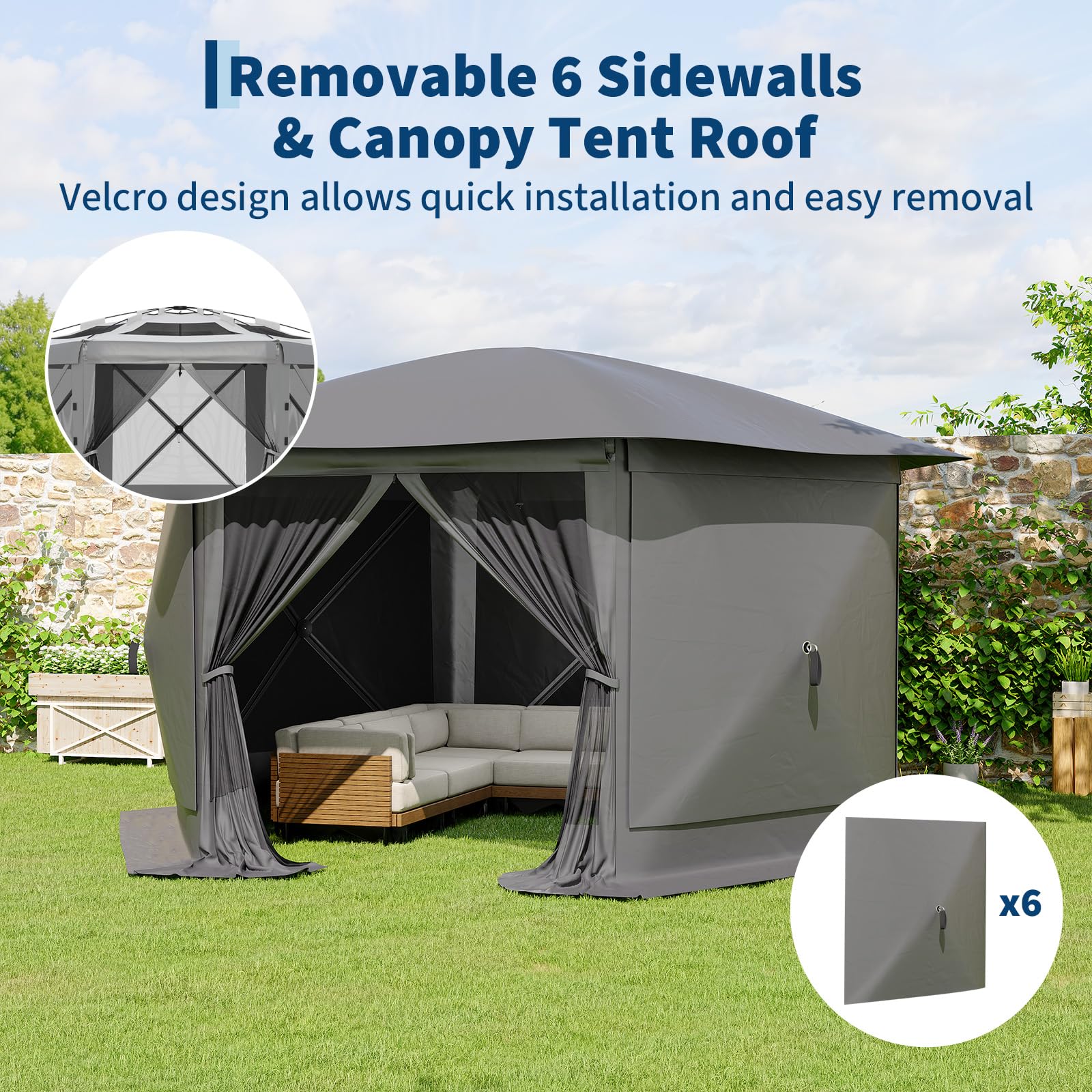 Grey six-sided gazebo with removable wind cloth sidewalls